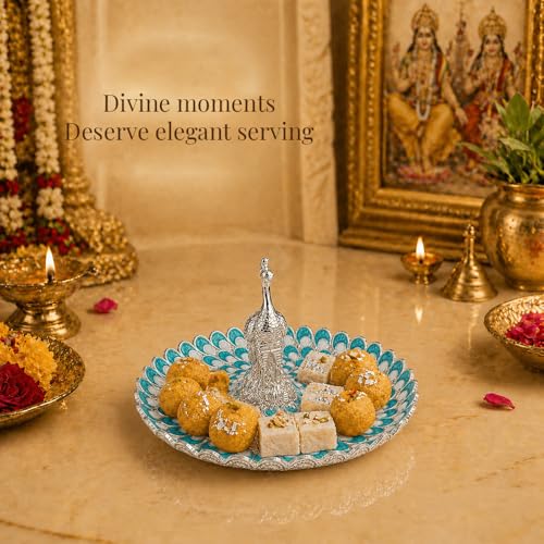 Image of Diviniti German Silver Peacock Decorative Tray for Home Decor | Luxury Dry Fruit & Sweet Serving Platter with Blue Enamel Feather Design | Premium Decorative Gift Hamper Plate with Elegant Gift Box