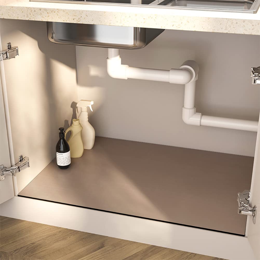 Under Sink Mat For Kitchen Waterproof,35.43 * 23.62"/60x90cm Reusable Under Sink Mat Liner,Absorbed Water,Rubber Backed,Non Slip,Can Be Cropped,Sink Mat To Protect Cabinets,Machine Washable(Brown)