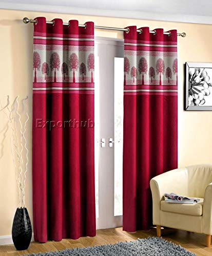 Image of Exporthub Polyester Plain Crush with Patch Design Eyelet Long Window Curtain- Length 6 Feet, 2 Piece, Maroon (EHSPR708 64)