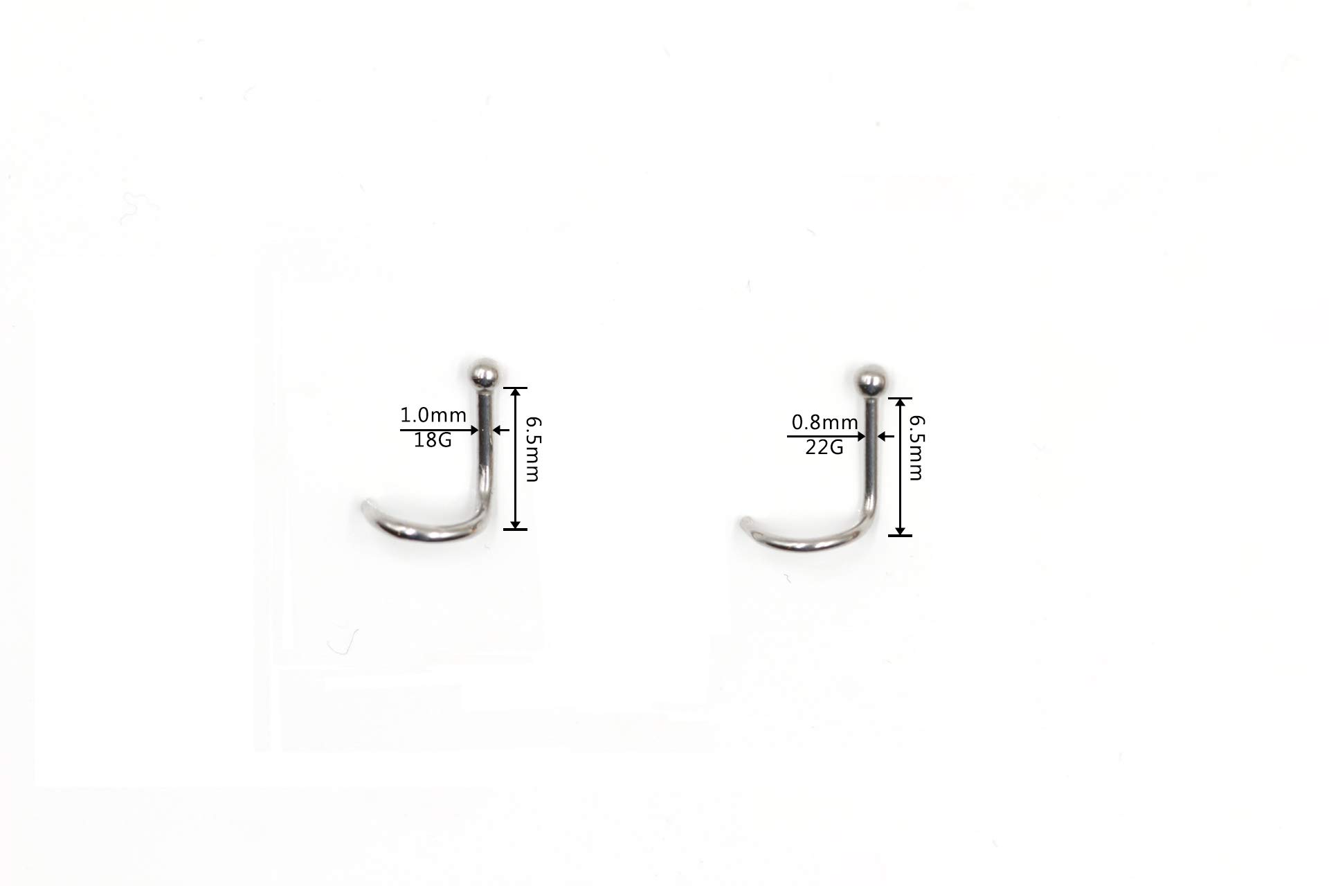 WARRIOR Perforación de nariz Perno de nariz Perno de nariz curvo con bola estéril de acero quirúrgico 316L 18G (1,0 mm) / 22G (0,8 mm) Longitud 6,5 mm PBS-001