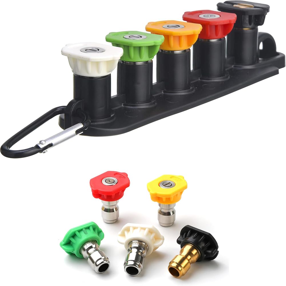 Spray Nozzle Tips, Pressure Washer Nozzle Set 0-65 Deg 1/4 in Quick Connect 4000 Psi Multicolor 1.0-2.0mm(Five-Color Nozzle+Base,Hole Diameter 1.2mm(0.047in))