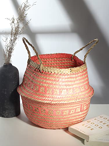Image of Habere India-All the Cultures Fabricating India Wicker Basket For Plants | Storage Basket for Home Decor | Bamboo Baskets For Toy Storage | Belly Planter Baskets (Medium, Pink - Dia30 x H30 cm)