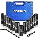 Impact Socket Set 1/2” Drive, SORAKO16 PCS SAE Deep Socket Set (3/8-Inch to 1-1/14') Include 5” Extension Bar & 10” L Handle, Cr-V Steel 6 Point Standard Impact Socket with Portable Case