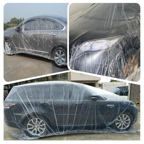 Image of 3 Packs Disposable Car Cover Clear Plastic Car Cover Universal Rain Dust Garage Cover with Elastic Band Large (15.7FT x 24.6FT)