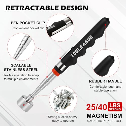 Image of TOOLEAGUE 3Pcs Telescoping Magnetic Pickup Tool, 25LB, 40LB and 40LB | 31-Inch Magnet Stick, Extendable Magnetic Wand for Retrieving Screw Bolts Nuts and Other Small Metallic Objects