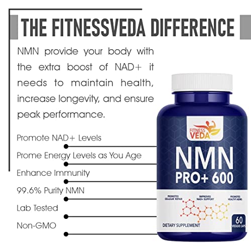 Image of FITNESS VEDA NMN PRO+ 600mg Truely Indian 99.9% Pure | Cellular Repair | Healthy Ageing | Improves NAD+ Support & Skin Health | Pack of 1-60 Capsules
