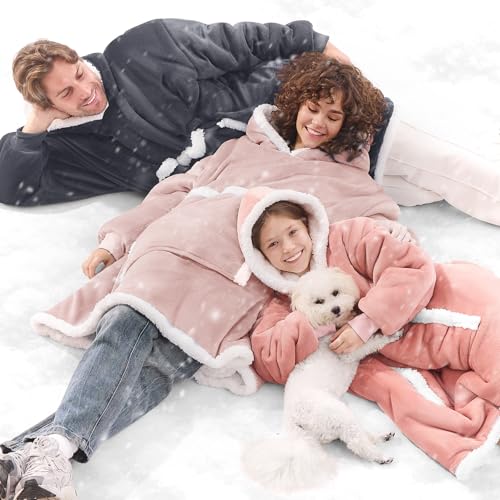 JOYWOO Pink Wearable Blanket Hoodie,Oversized Cat Lovers Sweatshirt Blanket for Adult,Birthday Gifts for Women,Mom,Girlfriend,Cozy Hooded Blanket with Giant Pocket and Winter Gifts,Dusty Pink Standard
