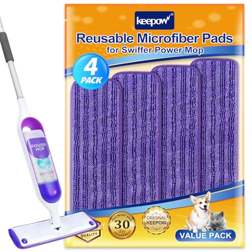 KEEPOW Reusable Power Mop Refill Pads for Swiffer Power Mop, Powermop Mopping Pad Refills for Wood Floor Cleaning, Machine Washable Microfiber Mop Pads for Wet and Dry Use, 4 Pack