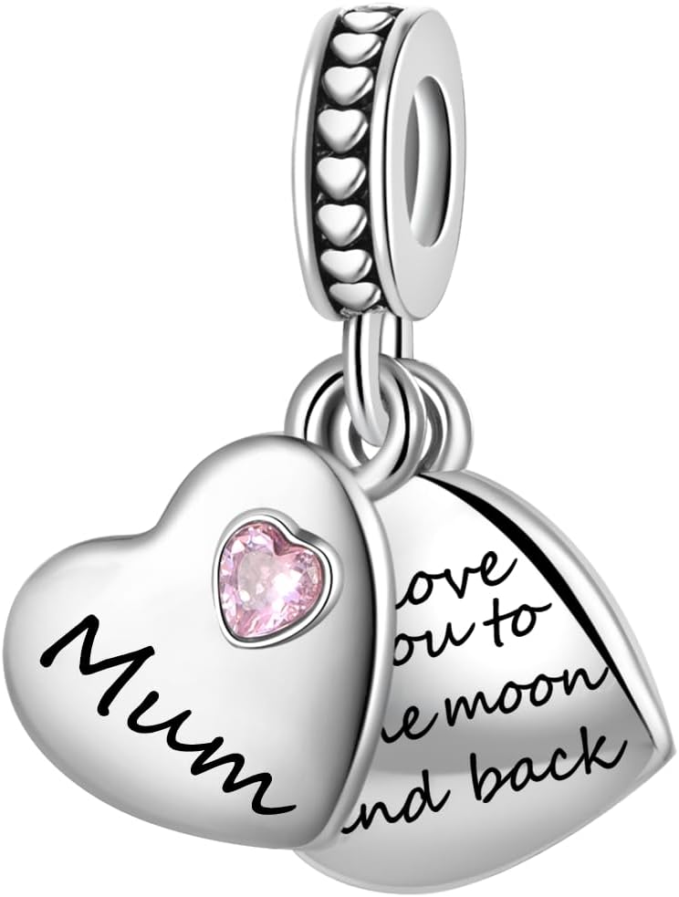 Pink CZ Family Double Heart Split Dangle Charms fit Pandora Charm Bracelets I Love You to the Moon and Back Christmas Birthday Jewelry Gift for Women