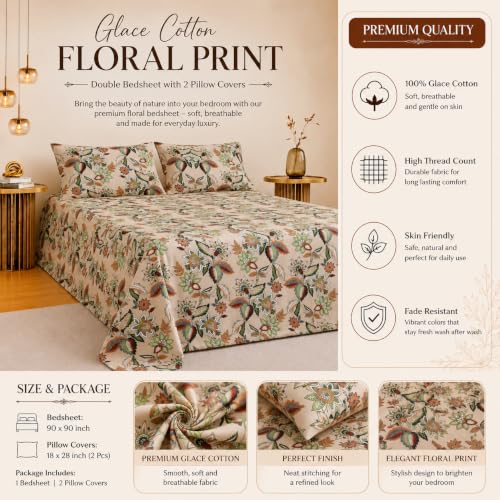Image of IVAZA Turkish Cotton 280 TC Super Soft Warm Bedsheet Set for Double Size Bed, Durable Double bedsheet with 2 Pillow Cover Cream Green