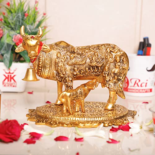 Image of Kamdhenu Cow with Calf Idol for Home Decor | Metal Cow Statue with Intricate Embossed Design | Vastu & Pooja Decorative Showpiece | Temple, Office, Housewarming & Gift Item