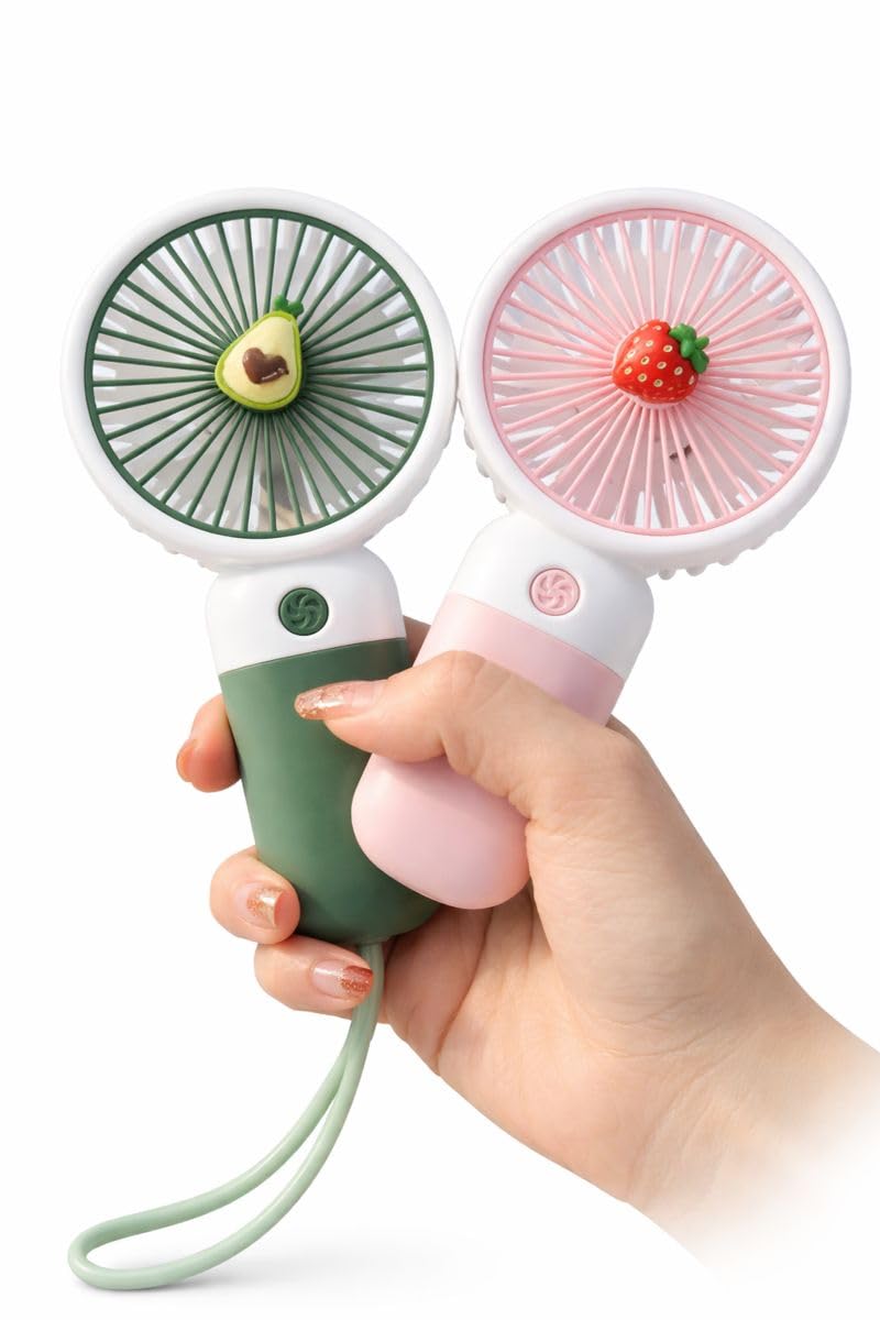 Portable Mini USB Fan Set with Avocado and Strawberry Design, Pink and Green Handheld Personal Cooling Fans, Rechargeable Battery Operated-image-7