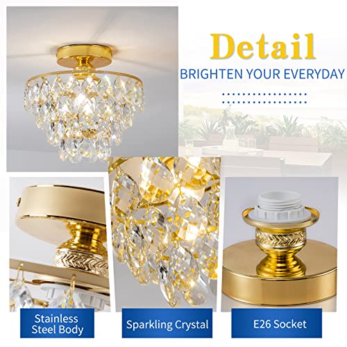 Modern Gold Crystal Chandeliers, Mini Flush Mount Ceiling Light Fixture, Close to Ceiling Lamp Fixture for Hallway Bedroom Bathroom Closet Kitchen Foyer by CM MZY - Image 4