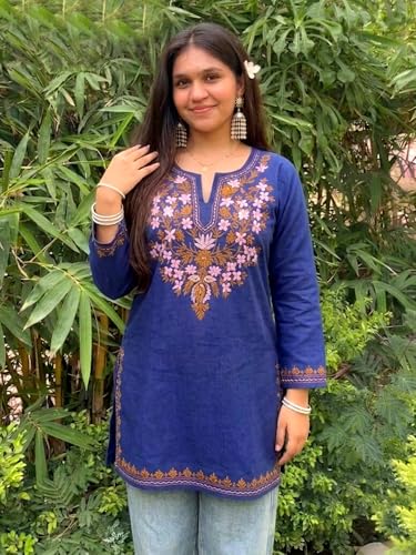 Image of GoSriKi Short Kurti for Women Viscose Embroidered | Kurti for Woman Regular Fit | Round Neck V Slit Full Sleeve Stylish Ladies Top Ethnic Wear Womens Clothing Trendy Kurta Tops
