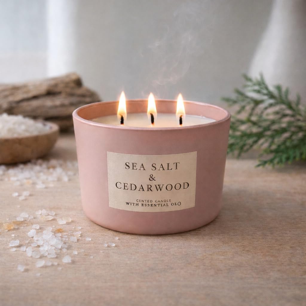 Vela perfumada de 3 mechas Sea Salt & Cedarwood - Sal marina y madera de cedro - Maceta decorativa rosa polvoreada - Cera de calidad - 35 horas - Ø 13 cm, H 8 cm - 330 g - Ambiente natural