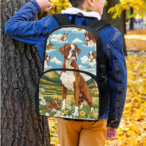 Kids Dog Boxer Print Backpack with Lunch Box with Front Pocket Comfy Padded Back Lightweight Student 17 Inch School Backpack and Lunch Bag Set for Girls Boys Animal Bookbag Ages 6-123