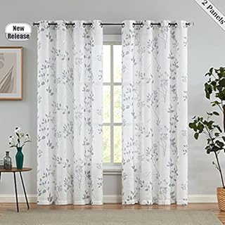 Beauoop Semi Sheer Window Curtains 54 Inches Long Floral Leaf Botanical Print Panels Vintage Classical Linen Texture Drapes for Bedroom/Living Room Eyelet Window Treatment Set, 50" W, Grey (2 Panels)