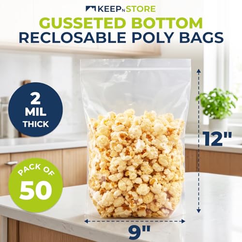 Gusseted Reclosable Bags with Bottom Gusset, Pack of 50 – Clear 2 Mil Zip Top Poly Bags, 9" x 12" x 2", 12 oz Capacity – Great for Food Storage & Bottled Liquid Packaging – Non-Toxic, Freezer Safe by Keep N Store - Used condition - Image 2