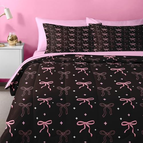 Image of Nesker Bow Comforter Set Queen Size, 7 Pieces Bed in a Bag, Pink Black Bow Bedding Set for Girls, Cute Bowknot Comforter Set with 2 Pillowcase & 2 Sham