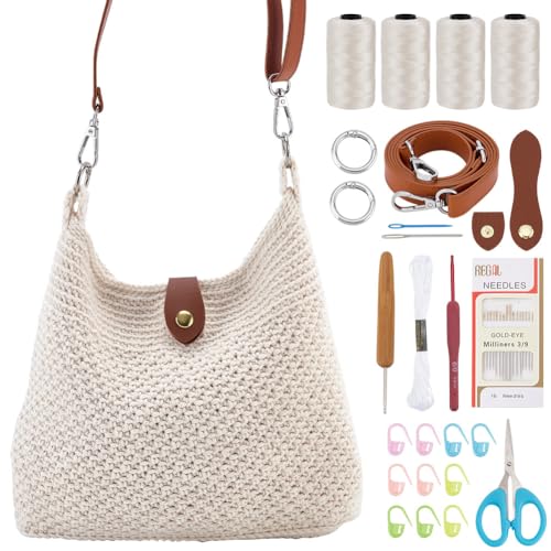 ACRNIGHEET Crochet Bag Kit for Beginners Crochet Purse for Women DIY Tote Bag Making Kit with Step-by-Step Tutorials Knitting Supplies for Adults Crafts Boho Gift Idea (Beige)