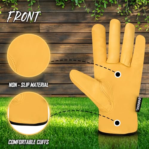SAWANS Leather Working Gardening Gloves for Men Women Thorn Proof Comfortable Breathable Multi-Purpose Work Gloves Protective Garden Gloves Heavy Duty Utility Gripper (Yellow - Image 3