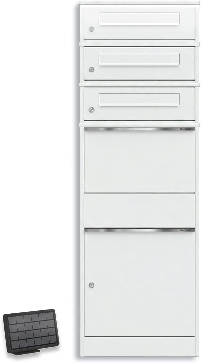Parcel Box with LED Solar Lighting and Three Letterboxes, Lockable and Weatherproof in White, Without Engraving, Freestanding Made of Powder-Coated Steel, for Contactless Delivery Outdoors