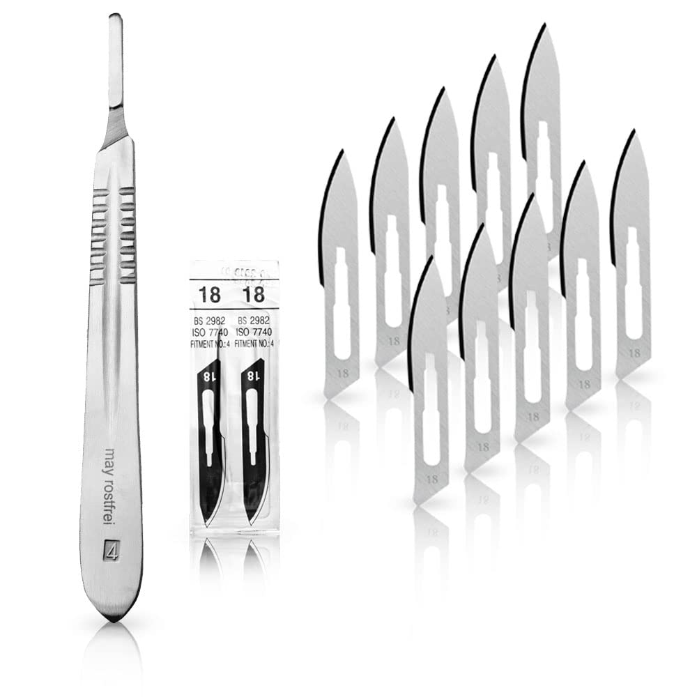 Set - 10 piezas hojas de bisturí No. 18 y mango de bisturí No. 4 - Hojas de repuesto para bisturí hechas de acero al carbono - Estéril