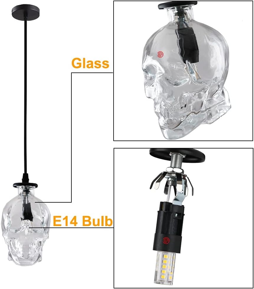 7W LED Industrial Pendant Light Fixture Glass Skull Hanging Lamp Retro Ceiling Lighting E14 Bulb Adjustable Cord Indoor for Bedroom Sore Living Room Warm White