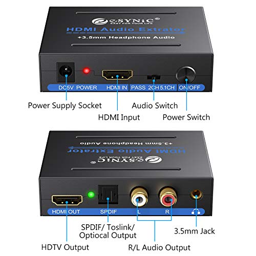 eSynic 1080P HDMI Audio Extractor HDMI to HDMI + Optical TOSLINK SPDIF + Analog RCA L/R +3.5mm Jack Stereo Audio Video Splitter Converter with Power ON/Off Switch Support Full HD1080p 3D - Thumbnail 5