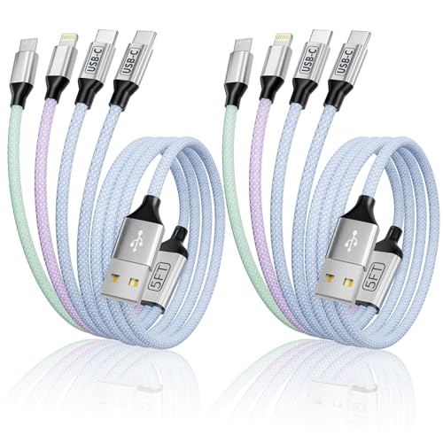 Dual Type C Ports Multi Charging Cable, 4 In 1 USB Cable Travel Charger for Multiple Devices with Two Type-C/Micro/IP Port, [2Pack/5FT] Phone Travel Vacation Essentials for All iPhone/Galaxy/Android