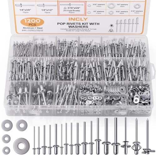 Image of INCLY Pop Rivets & Trifold Rivets Assortment Kit with Washers, 1200PCS | 14 Sizes Aluminum Rivets, 3 /32 inch, 1 /8 inch, 5 /32 inch, 3 /16 inch, 1 /4 inch, and 3 /16'' x 5 /8 inch Tri-Fold Rivets for Metal, Automotive, Kayak