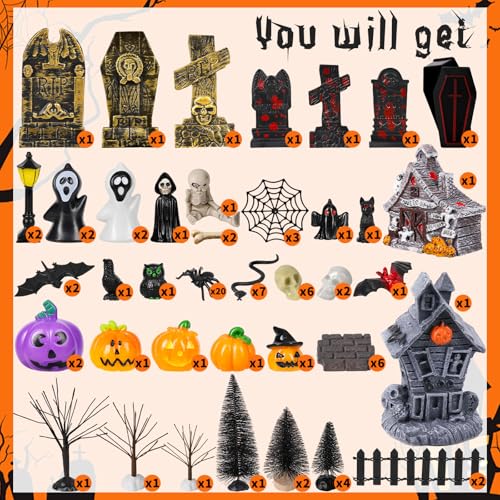 88 PCS Halloween Village Accessories Set Halloween Haunted Houses Village Miniatures Ornaments with Pumpkins Ghost Tombstones Tree Fake Spiders Fence Streetlamp Figurines for Party Home Table Decor - Thumbnail 2