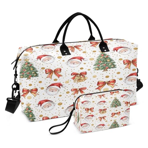 Weekender Bags Travel Duffel Gym Bag Vintage Christmas Santa Tree Pattern Carry on Overnight Tote Bag with Toiletry Bag for Airplane Travel Trip Gym Yoga