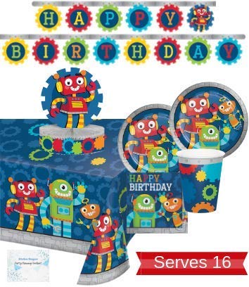 Robot Party Supplies and Decorations - Plates Cups Napkins for 16 People - Includes Banner, Tablecloth and Centerpiece - Perfect Robot Birthday Party Decorations!
