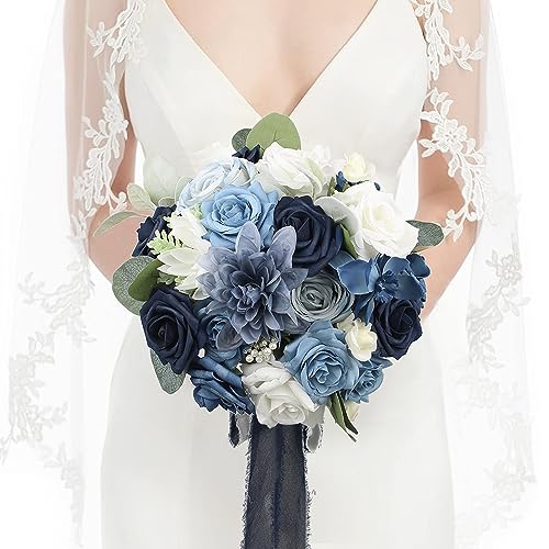 Rinlong 10.6 Inch Wedding Bouquets for Bride Navy Blue Bridal