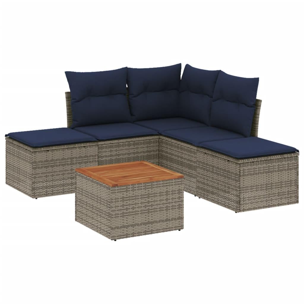 Juego de 6 sofás de jardín de polirratán para terraza y jardín, conjunto de asientos modulares con espacio de almacenamiento, mesa de madera de acacia, incluye cojín, color gris