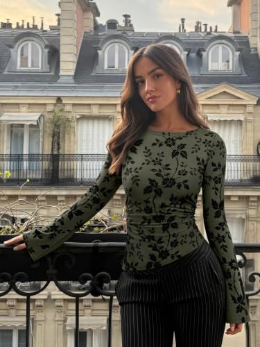 PINKMSTYLE Women Floral Mesh Tops Double Lined Bell Sleeve Tee Army Green M - image 2