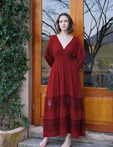 Image of Olaesa Long Sleeve Boho Maxi Dress for Women Lace Wedding Guest Dress | Spring Fall Bohemian Dress, Long Flowy Family Photo Dress with Pockets, V Neck Long Western Vacation Outfits