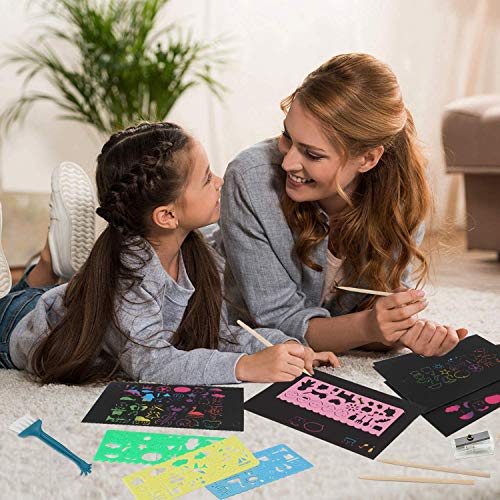 SIMEIXI Scratch Art Paper Set, 100 stuks kraspappers, 10 houten potloden, 4 sjabloonlinialen, 1 stofdichte borstel, 1… - Image 4