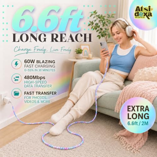 Image of 4-in-1 Beaded Charging Cable, MFi Certified, Works with CarPlay, 6.6FT 60W Fast Charger Cord for iPhone 17 /16 /15 /14 /13 /12 /11, iPad, Samsung, Android and More (Mermaid Glow)