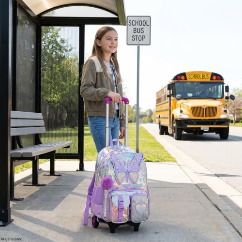 Image of HTgroce Kids Rolling Backpack for Girls Backpack with Wheels 3pcs Rolling Backpacks for Kids, 16.5 inch Roller Backpacks for Girls with Lunch Box Pencil Case