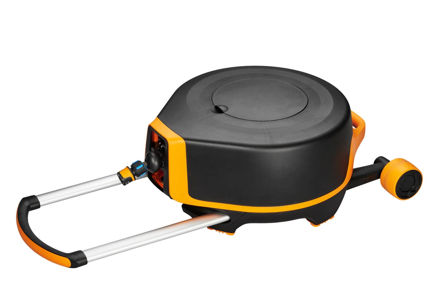 Fiskars Carro portamangueras XL con ruedas, Set de riego todo incluido, Alcance 27m, Enrollado automático, Manguera tamaño universal (diám. 13 mm), Conector grifo universal, Negro/Naranja, 1025933 | 1025933 - Manguera de bobinado automático, conexión univ