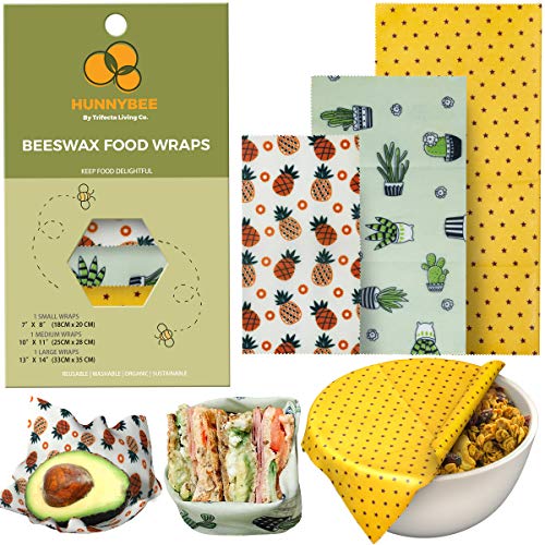 HUNNYBEEE Beeswax Reusable Food Wraps - 3 packs Beeswax Wrap Sustainable Products Organic Wax Wrap Eco-friendly Bees Wrap Organization Storage Bags Cheese Bee Wrappers Cling Wax Paper for Food