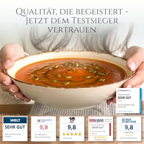 Steingut Suppenteller 6 Personen Rustic TESTSIEGER, Hochwertiges Landhaussttil Steingut Tiefe Teller Set, Pasta Teller Tief Groß - Pure Living in Beige