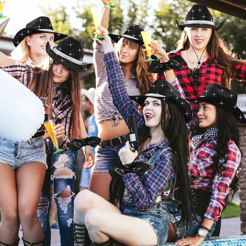 Image of Coume 12 Pcs Sparkly Adults Cowboy Hat and Bandanas Women Men Western Glitter Cowgirl Party Hats with Adjustable Drawstring