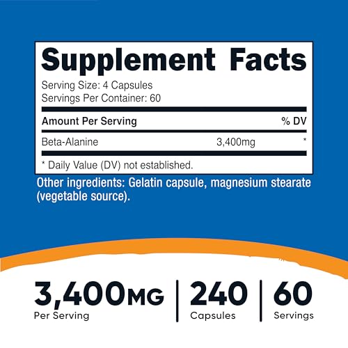 Image of Nutricost Beta-Alanine Capsules 3400mg, 240 Caps (2 Pack) - Potent Beta Alanine, Gluten Free & Non-GMO, 850mg Per Cap, 60 Serv Per Bottle | Potent Beta Alanine, Gluten Free & GMO-Free, 850mg Per Cap, 60 Serv Per Bottle