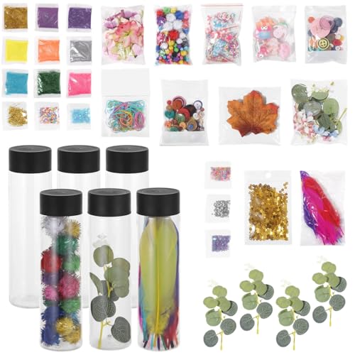 byepica Confezione da 6 bottiglie sensoriali per progetti fai da te, bottiglie in plastica trasparente da 450 ml con tappi e oggetti decorativi, glitter e accessori artigianali stagionali per relax e