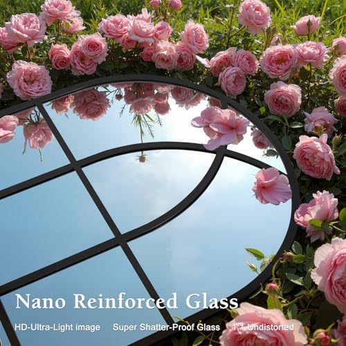 Image of Arched Window pane Full Length Mirror 24 inchx65 inch, Full Body Standing Mirror, Window Shaped Farmhouse Style with Aluminum Frame, Decor Wall Mirrors for Living Room, Courtyard, Bedroom, Entryway, Black