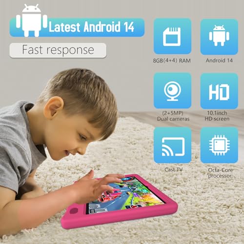 Image of YACXBTK Tablet for Kids 10.1 inch Android 14 6000mHA 8GB RAM+64GB ROM(Expandable to 1TB Kids Tablet Age 3-12 with Case& Lanyard WiFi6 Google Kids Space Parental Control 1280 * 800 HD Screen Pink