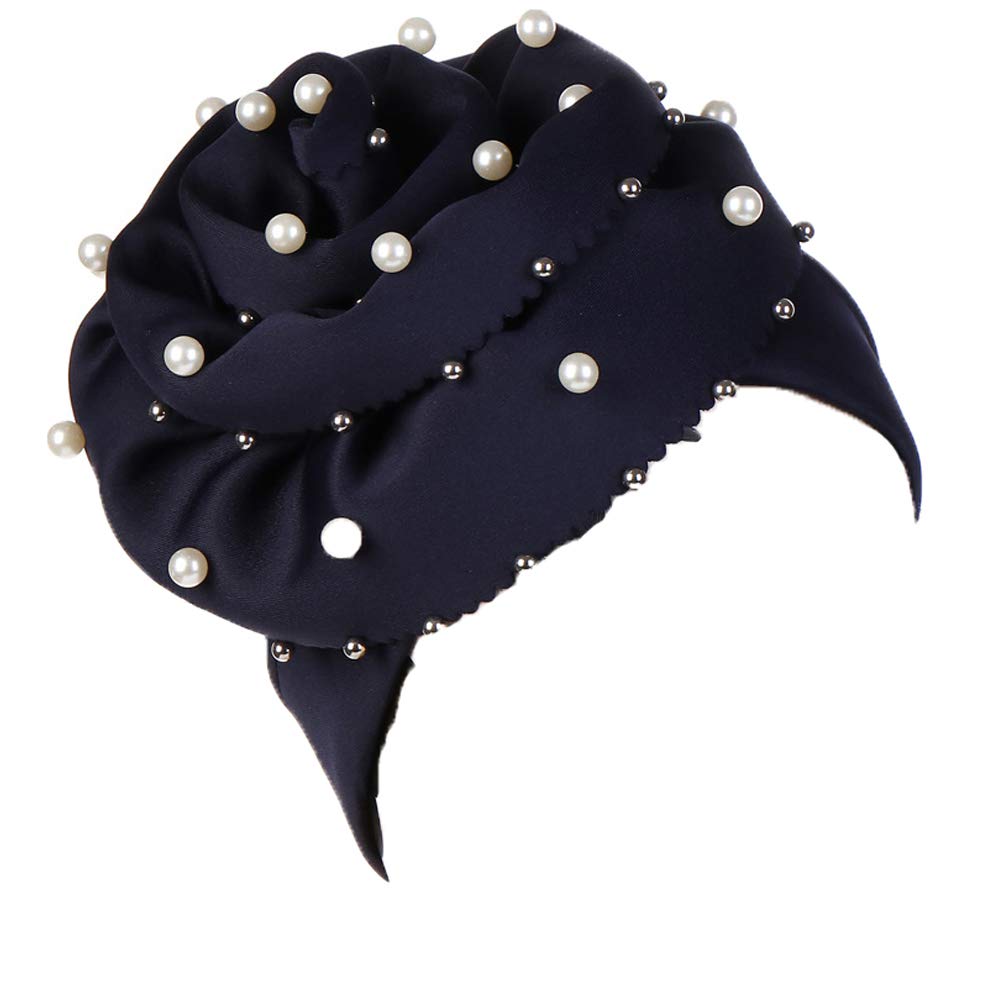 Zuochen Women's Black Turban Cotton Scarf Head Wrap Scarfs For Hat Beading Pearl Rose Detail (Black)